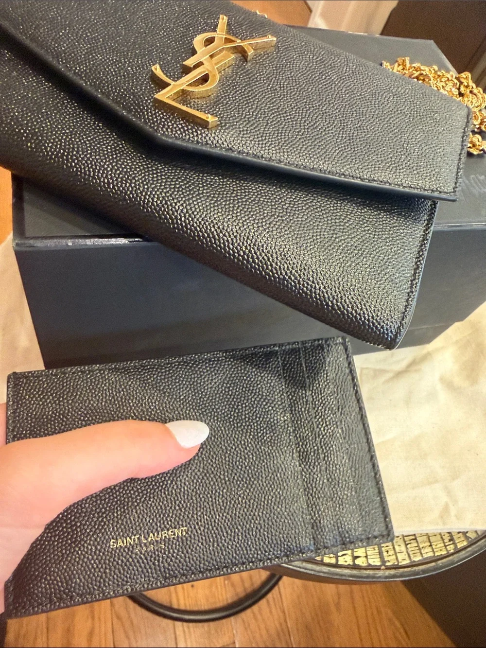 YSL Yves Saint Laurent Black Grain Leather Wallet-on-Chain with Gold Logo